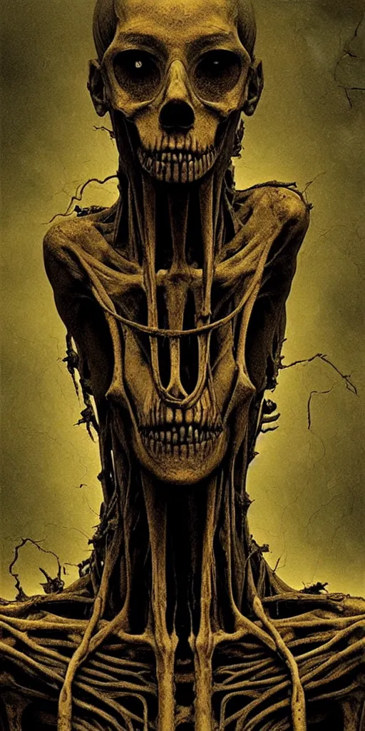 Prompt: illustration of Sirenhead, tall humanoid skeletal creature covered in mummified flesh with two old siren speakers for a head, highly detailed, cinematic atmosphere, dramatic lighting, horror, creepy, folklore, by Beksiński,