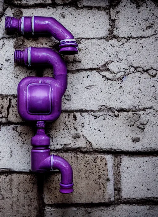 Image similar to intricate faucet with purple slime coming out of it, attached to a brick wall, the slime is oozing on the ground next to the faucet. Very detailed 8k. Fantasy cyberpunk. Sharp. Cinematic post-processing