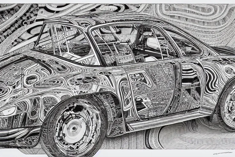 Image similar to a black and white drawing of a porsche 9 1 1, a detailed mixed media collage by hiroki tsukuda and eduardo paolozzi and moebius, intricate linework, sketchbook psychedelic doodle comic drawing, geometric, street art, polycount, deconstructivism, matte drawing, academic art, constructivism