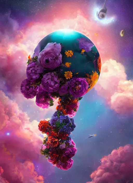 Image similar to An epic fantastic realism comic book style painting of the most beautiful flowers launched into space, bouquets, dark cosmos, fisheye lens, unreal 5, DAZ, hyperrealistic, octane render, dynamic lighting