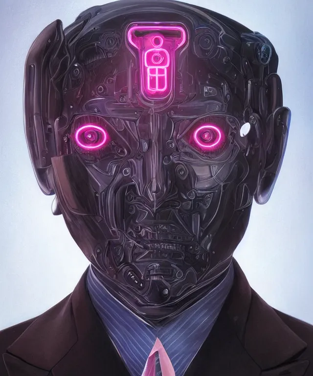 Prompt: a male android portrait wearing a suit and tie, surrealism, scifi, intricate, elegant, sharp eyebrows, highly detailed cybernetic body, neon glowing eyes, digital painting, artstation, concept art, smooth, sharp focus, illustration, art by artgerm and moebius and peter mohrbacher