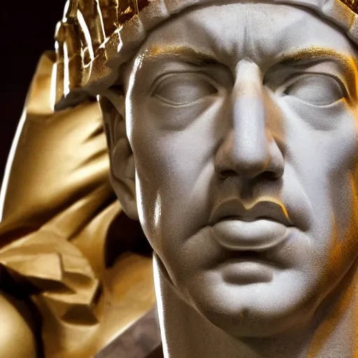 Image similar to portrait of jeff bezos in the form of a giant greek statue in marble, with a gold crown, baroque elements in the background, museum. intricate artwork by michelangelo. photorealistic. ultra detailed. flash. octane render. cinematic. 4 k bokeh.