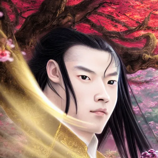 Image similar to a portrait of a young handsome Chinese prince, long black hair, golden eyes, elegant, intricate, backlit, incredible lighting, strong rim light, subsurface scattering, realistic anime, epic beautiful landscape, cherry trees, highly detailed, god rays, digital painting, by Heise Jinyao, Heise-Lian Yan Fang, Feimo, Rossdraws, HDRI, vivid colors, high contrast, 8k