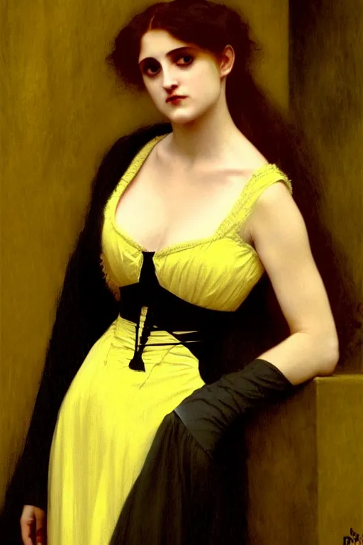 Prompt: victorian vampire in yellow dress, painting by rossetti bouguereau, detailed art, artstation