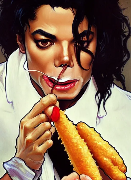 Image similar to michael jackson eating a corndog, painting by artgerm and greg rutkowski and alphonse mucha