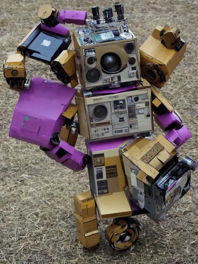 Image similar to an earth - tone robot with a ghettoblaster boombox for a head, wooden body, sleek, surreal, cool, retro, 1 9 9 0 s vibe, country road, one purple balloon