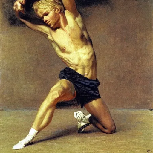 Prompt: a handsome blonde haired track star stretching before his race. By Ilya Repin and Robert Fawcett. Masterpiece