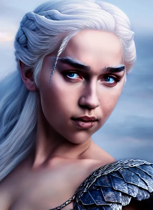 Image similar to photo of kerli koiv as daenerys targaryen in the style of stefan kostic, realistic, half body shot, sharp focus, 8 k high definition, insanely detailed, intricate, elegant, art by stanley lau and artgerm, foggy backgeound