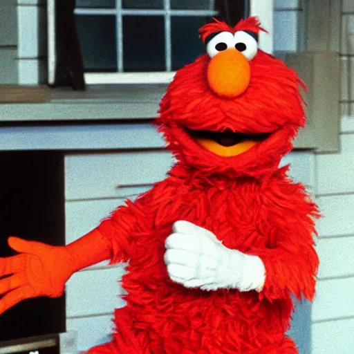 Prompt: elmo from the sesame street committing arson