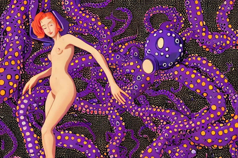 Image similar to a female body with octopus suction cups by yayoi kusama rending on cgsociety, retrofuturism, reimagined by industrial light and magic, darksynth, sci - fi