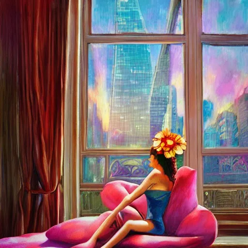 Image similar to giant flower under head, woman next to modern windows, luxury apartment, surreal photography, dramatic light, impressionist painting, digital painting, artstation, arthur adams