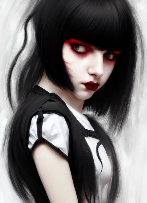 Image similar to portrait of white teenage girl, normal face, black bangs, mall goth, cyberlox, black and white hair, bangs, fluffy bangs, red contacts, intricate, elegant, highly detailed, digital painting, artstation, concept art, sharp focus, smooth, illustration, art by wlop, mars ravelo and greg rutkowski