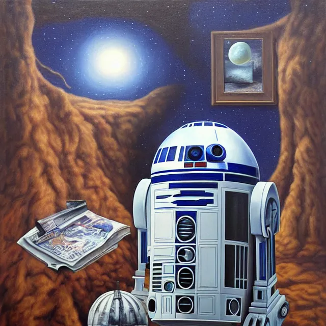 Prompt: an oil on canvas portrait painting of r 2 d 2, surrealism, surrealist, cosmic horror, rob gonsalves, high detail