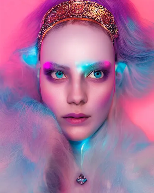 Image similar to natural light, soft focus portrait of a android with soft synthetic pink skin, blue bioluminescent plastics, smooth shiny metal, elaborate diamond ornate head piece, piercings, face tattoo, skin textures, by annie liebovotz, paul lehr,