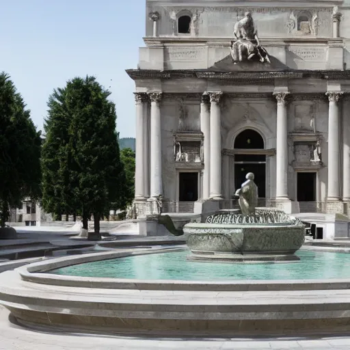 Prompt: an infinite expanse of marble fountains of differing design with occasional bronze figures in some of the fountains, empty scene with no people, no animals, no plants