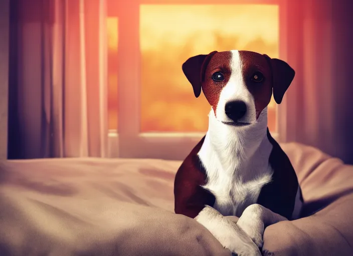 Prompt: photography of a Jack Russel . watching outside the window. on a bed. in a vintage room full of vinyls and posters.,volumetric light, photorealistic,, award winning photo, 100mm, sharp, high res