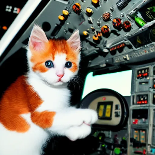 Prompt: a calico kitten sitting in the pilot seat of a jumbo jet panicking because it doesn't know how to fly, flickr explore