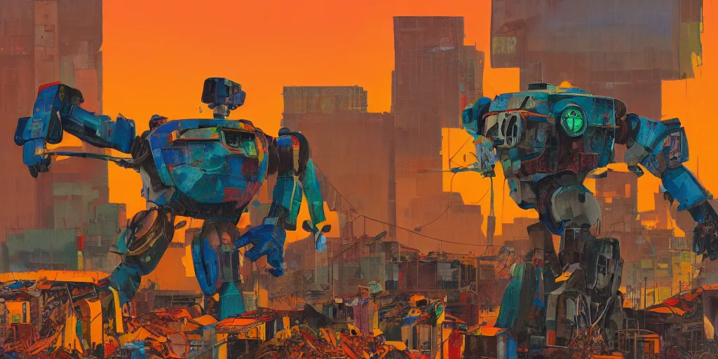 Image similar to colourful - damaged - giant mecha ROBOT of AJEGUNLE SLUMS in Lagos, markings on robot, Golden Hour, painting by Hsiao-Ron Cheng,