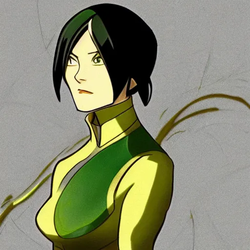 Prompt: toph beifong glow - up, art nouveau, green, yellow, gold, realistic eyes