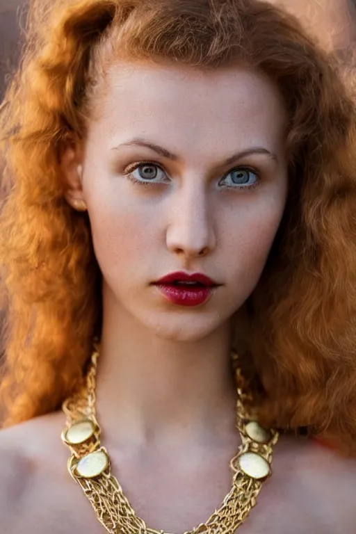 Image similar to vintage photograph of an olive skinned female model with strawberry blonde hair in her twenties, her hair pinned up, wearing a designer top and one gold standard chain necklace, looking content, focused on her neck, photo realistic, extreme detail skin, natural beauty, no filter, slr, golden hour, 4 k, high definition, selfie