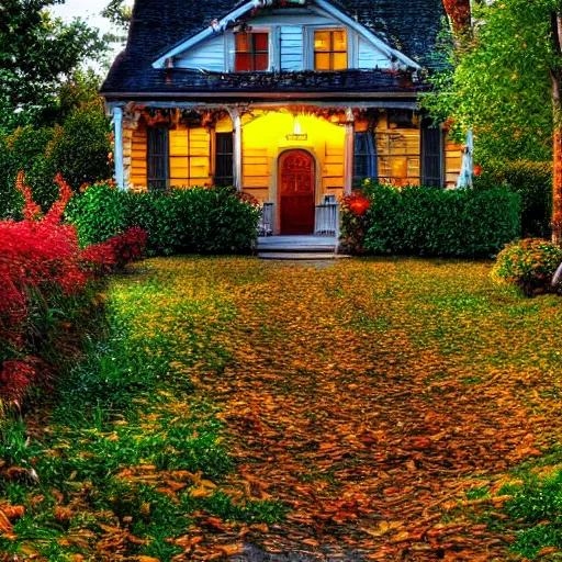 Image similar to Charming Halloween Cottage with Autumn Leaves Flowers and vines growing up the side at dusk magical lighting lightning bugs HDR