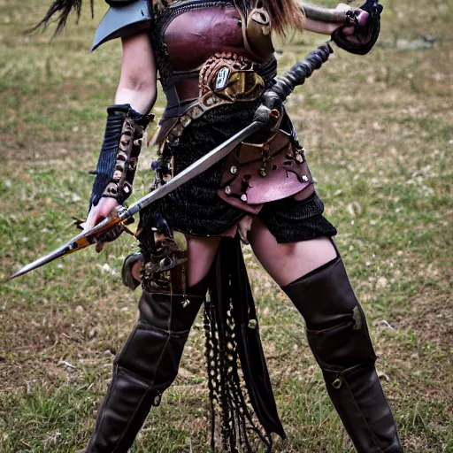 Prompt: photo of a female clockpunk warrior