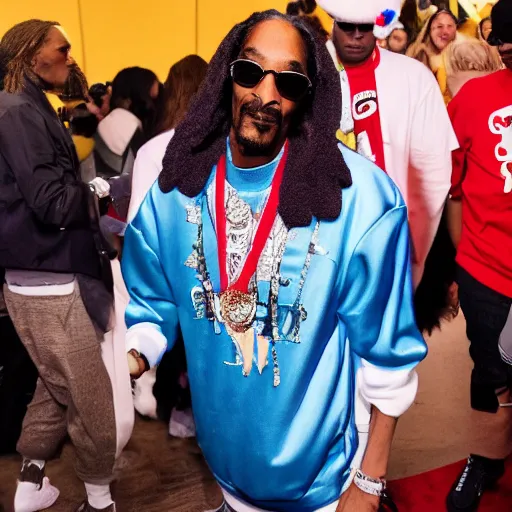 Image similar to snoop dog wearing a fursuit without the head mask at a furry convention, 4 k flash photography