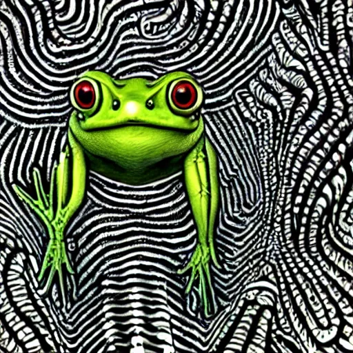 Image similar to closeup of an adorable, eldritch frog abomination of unimaginable horror by h. r. giger and junji ito, speculative evolution, psychedelic illustration, op art, sticker illustration