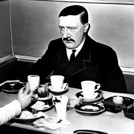 Prompt: Hitler as at a Wafflehouse enjoying breakfast