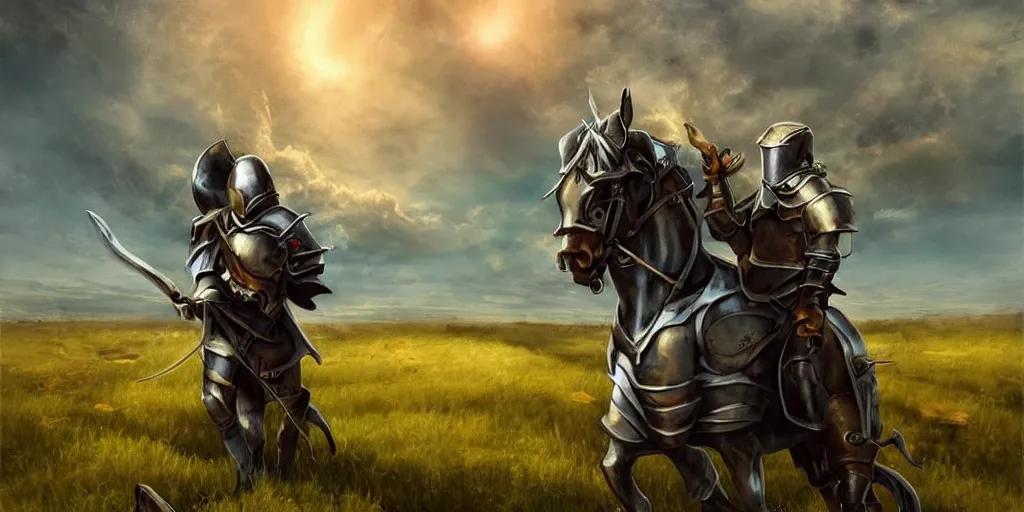 Image similar to medieval fantasy knight standing in a field, many planets in the sky behind him, craters, melancholy tone, composition, extremely detailed,