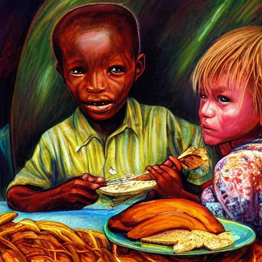 Image similar to oil painting of a malnourished ugandan boy sharing bread with a blond well fed child, by josephine wall american