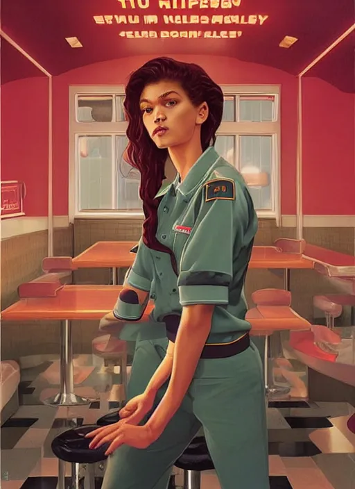 Image similar to poster artwork by Michael Whelan and Tomer Hanuka, Karol Bak of Zendaya a high school student working at the local diner, wearing rr diner uniform, from scene from Twin Peaks, clean