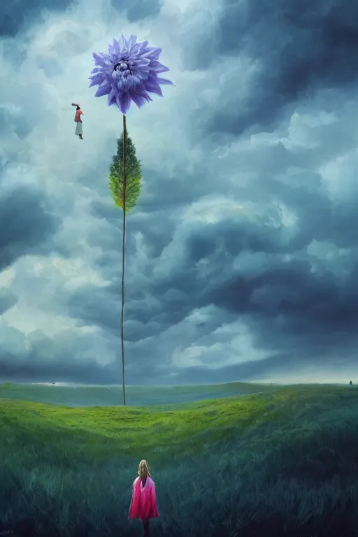 Image similar to perspective giant dahlia flower as head, girl standing on mountain, surreal photography, blue storm clouds, dramatic light, impressionist painting, digital painting, artstation, simon stalenhag