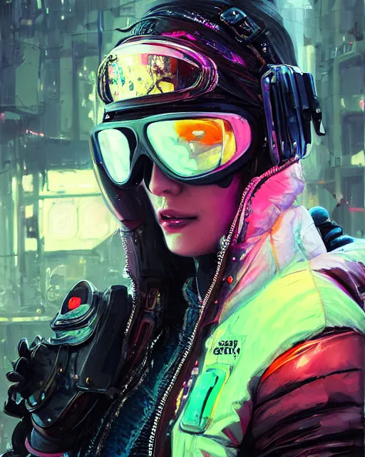 Image similar to detailed portrait neon guard girl with goggles seen from the back, cyberpunk futuristic, reflective puffer jacket, black leggings, decorated with traditional ornaments in front of a dystopian street with piles of garbage by ismail inceoglu dragan bibin hans thoma, perfect face, fine details, realistic shaded, fine - face, pretty face