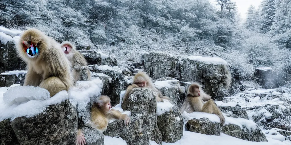 Prompt: scenic mountain setting, a family of snow monkeys gather at the natural spa to get warm, highly detailed, snow flurry, cold, steamy, desaturated blue, inquisitive, striking, contemplative, happy, content, warm, by YCFCG, by GMSPHOTO96, by Ismail Inceoglu, by Chaowen, by George Stubbs