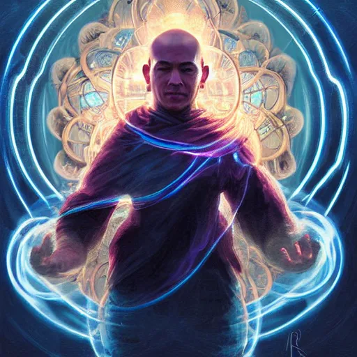 Image similar to meditative monk high detailed figure showing through fractal portal expressive energy swirls and bright glowing aura, deep neutral facial expression body figure, iconic album detailed poster art style by Andres Rios and Greg Rutkowski