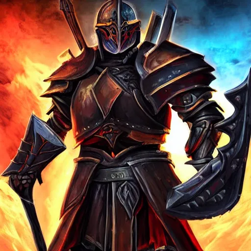 Image similar to Ares with heavy armor and sword, heavy knight helmet, dark sword in Ares's hand, war theme, bloodbath battlefield, fiery battle coloring, hearthstone art style, epic fantasy style art, fantasy epic digital art, epic fantasy card game art