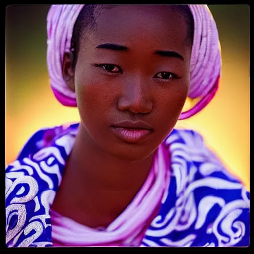 Prompt: “ portrait of a beautiful young african - asian female shrine maiden. golden hour in the savannah. zeiss 1 5 0 mm f 2. 8 hasselblad, award - winning photo. ”