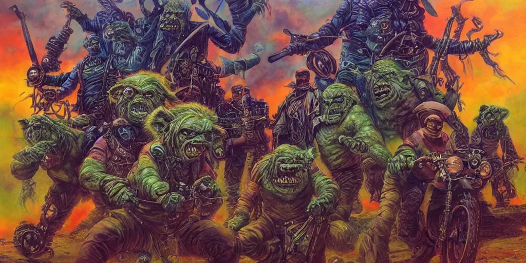 Image similar to members of a psychedelic post apocalyptic orcish biker gang, sharp focus, psychedelic colors, boris vallejo, michael whelan, 8 k, epic scifi fantasy art