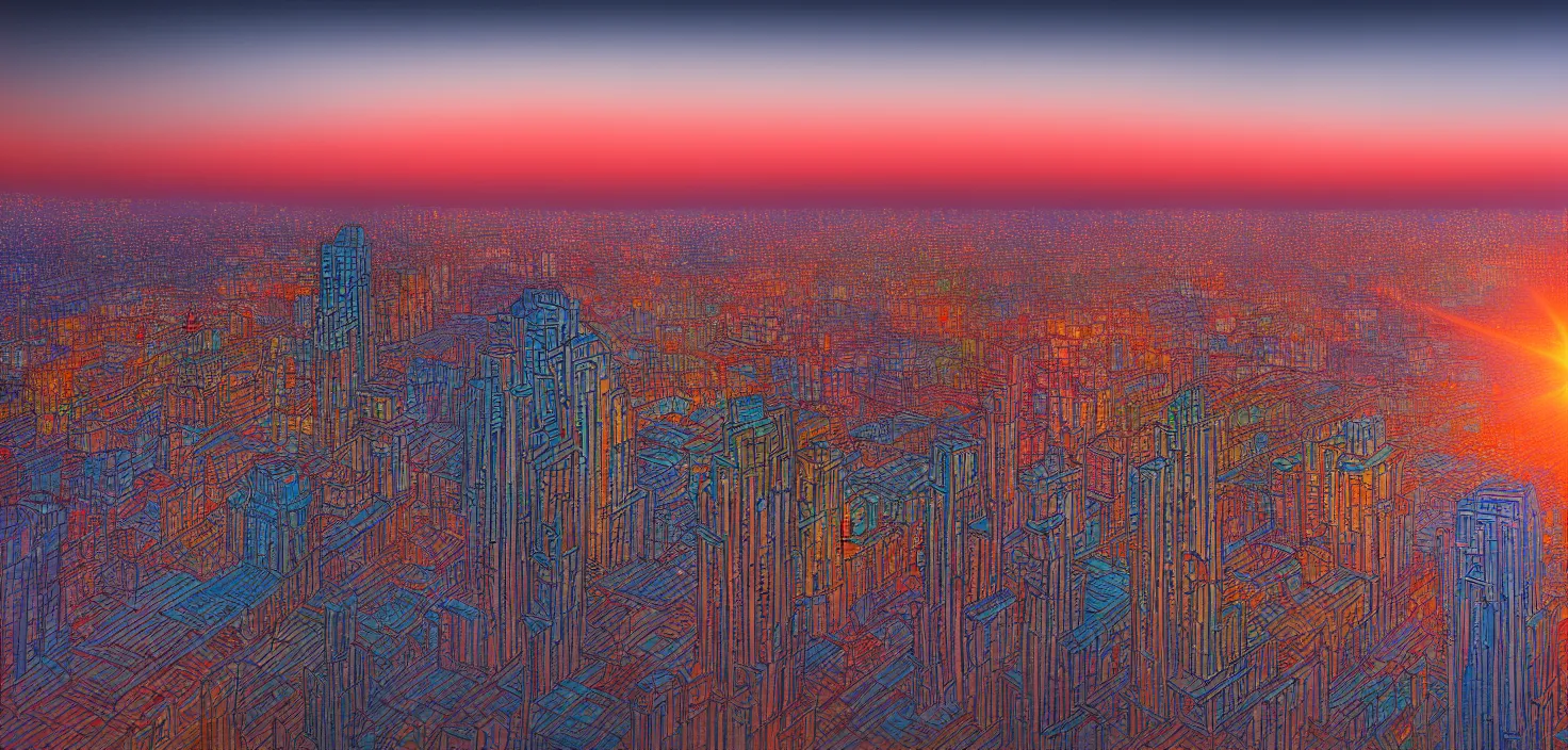 Image similar to studio ghiblli city, sunrise, 8 k denoised, high detail