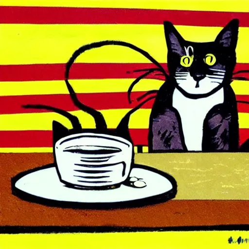 Image similar to a cat sitting at a table next to a cup of coffee, a pop art painting by art spiegelman, flickr, pop art, pop art, woodcut, lowbrow