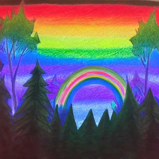 Image similar to Colored pencil art on paper, Rainbow created by moonlight at night in a forest, highly detailed, artstation, MasterPiece, Award-Winning, Caran d'Ache Luminance