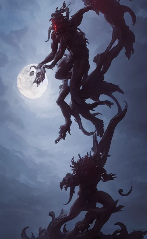 Prompt: statue of a demon of the moon ascending from hell, dramatic lighting, flowing tendrils, artstation, concept art, smooth, sharp focus, illustration, art by greg rutkowski