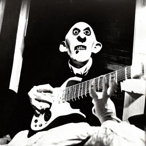 Prompt: bert jansch dresses as count orlok for halloween, playing guitar, photograph, 1 9 6 9