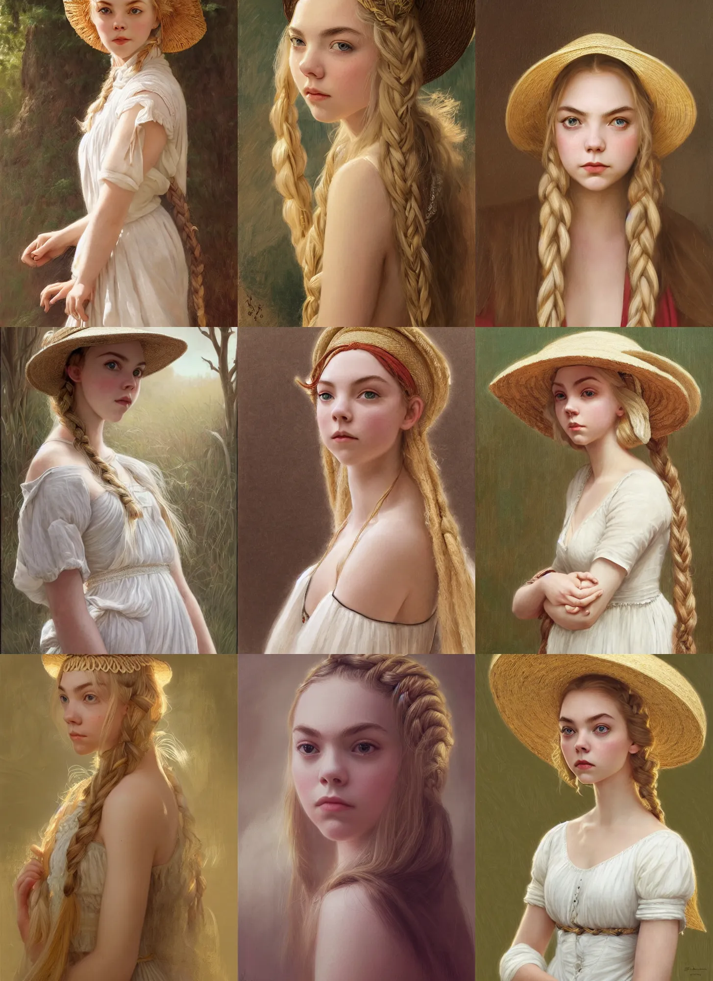 Prompt: anya taylor - joy, annasophia robb, portrait, blond, wearing straw hat, symmetrical face, long braided blond hair, white ancient dress, intricate, elegant, highly detailed, artstation, concept art, smooth, sharp focus, illustration, bouguereau, ruan jia, mucha