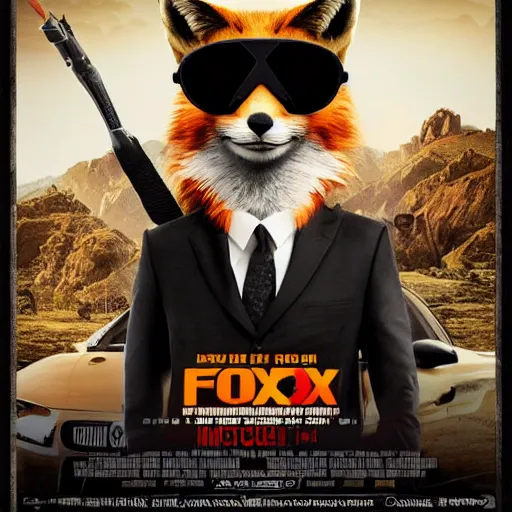 Prompt: epic action adventure movie poster featuring an anthropomorphic fox with cool metal framed sunglasses, wearing a black suit, and the movie is about fried chicken, promotional media