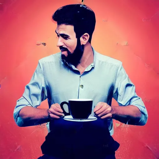 Image similar to startup CEO having a cup of tea. Handsome!!!!!!! sci-fi concept art photorealistic!!!!!