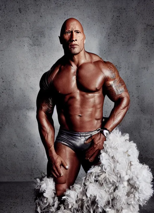 Prompt: dwayne johnson as beyonce styled by nick knight posing in an expensive mansion setting, vogue magazine, highly realistic. high resolution. highly detailed. dramatic. 8 k. 4 k.