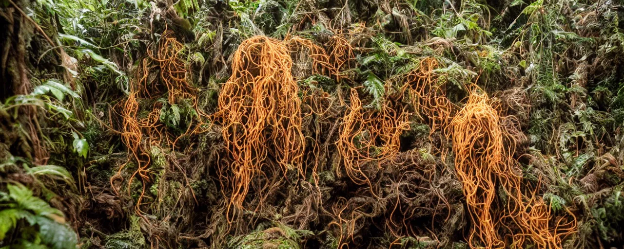 Prompt: taxidermized, the first humans discovering spaghetti on a mountain side, cloud forest, hyper - realistic, small details, intricate, sharply focused, 2 0 mm lens, wes anderson film, kodachrome