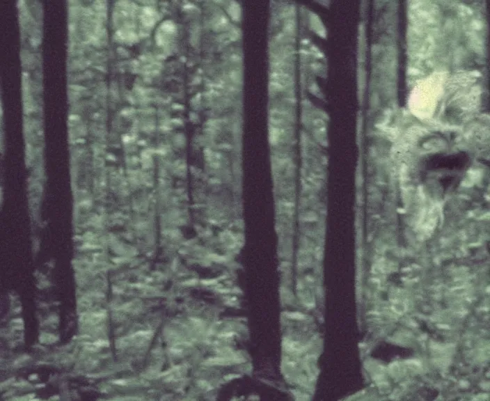 Image similar to a still frame from vhs footage of a creature in a forest, grainy, creature in view, scary, color